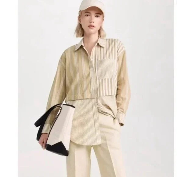 Madewell Tan White 2 in 1 Oversized Striped 100% Cotton Shirt Size S - Picture 15 of 15